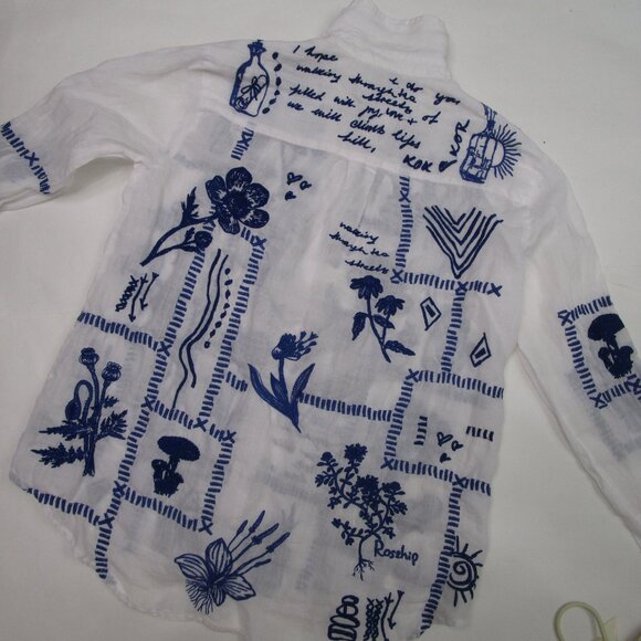 Embroidered Classic Shirt White Ramie Royal Blue - Picture 7 of 14
